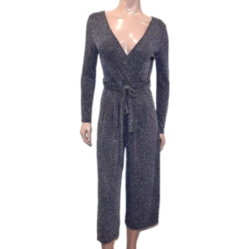 Mandee Sparkle Jumpsuit Long Sleeve Wide Cropped Leg Tie Belted Surplice Glitter